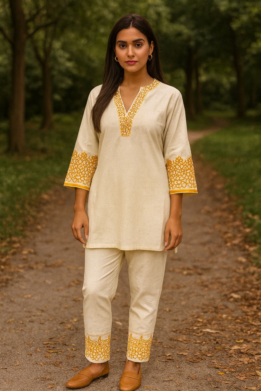 Khadi Cotton Embroidered Co-ord Set – Mustard Thread Detailing
