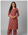 Rust Red Cotton Co-ord Set – Floral Striped Comfort Wear