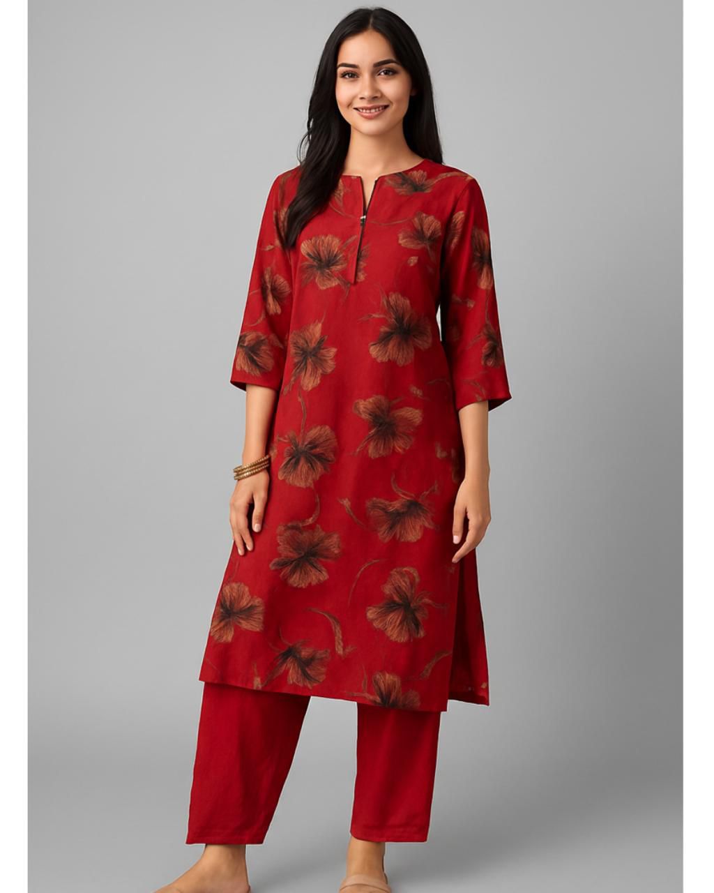 Red Floral Textured Cotton Co-ord Set – Semi Collar Comfort Wear
