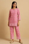 Baby Pink Cotton Cikankari Top and Bottom Set – Floral Design with Semi-Collar Neckline