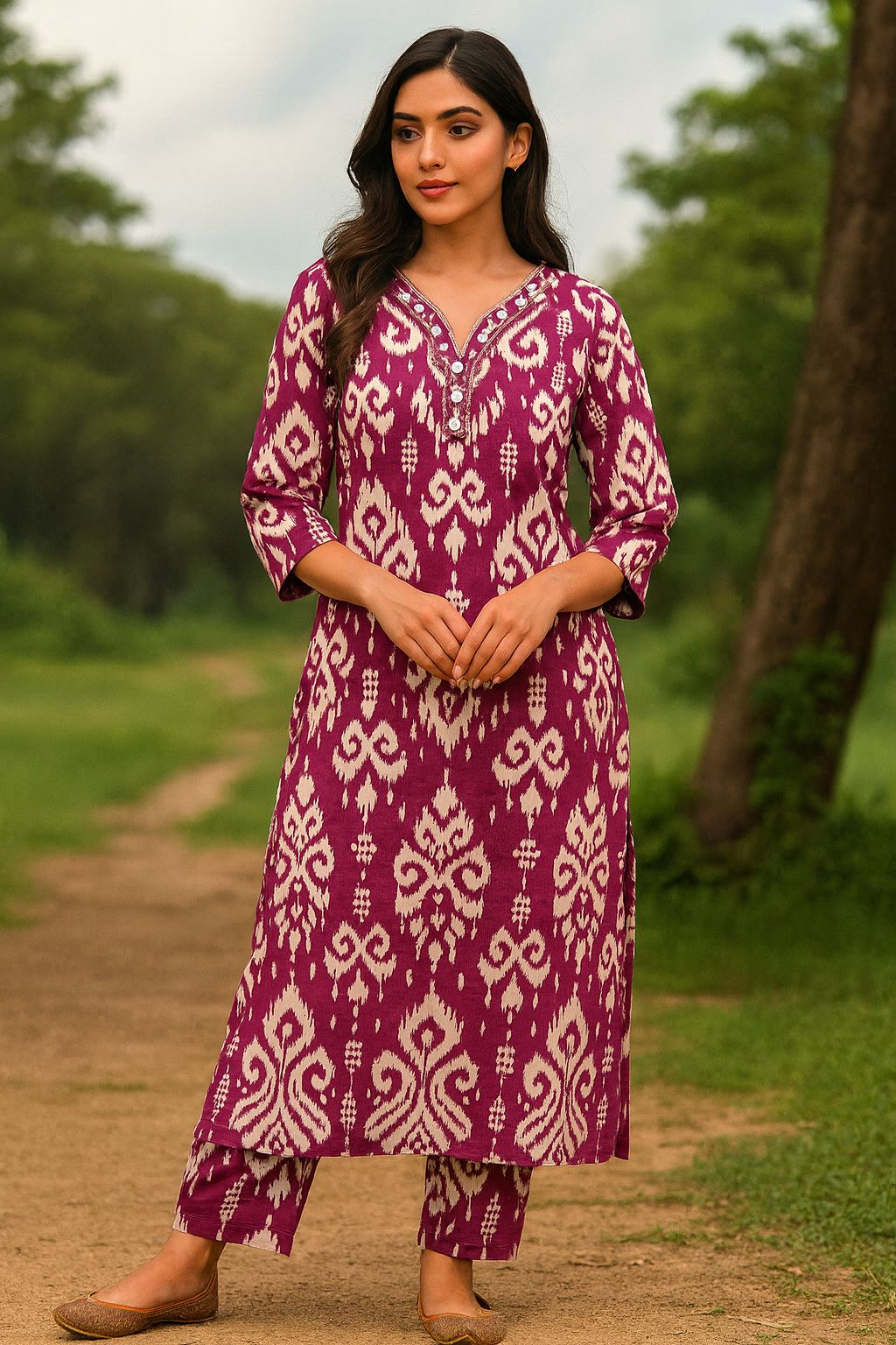 Purple Ikkat Print Top and Bottom Set with V-Neckline and Mirror Work