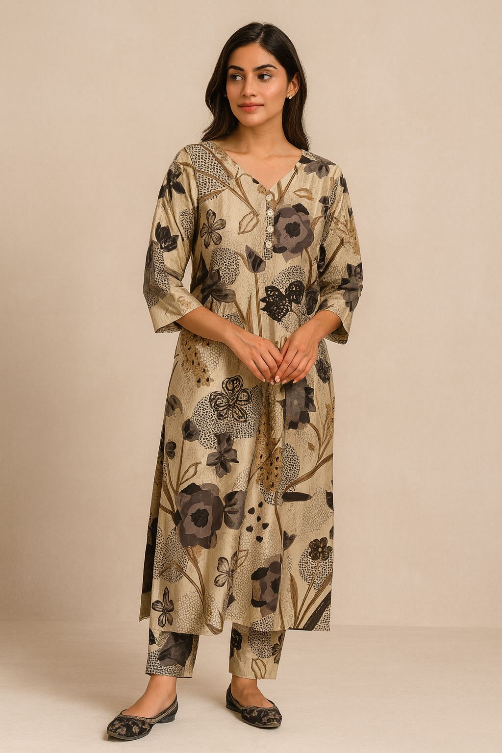 Floral Print Satin Two-Piece Set with V-Neck and Quarter Sleeves