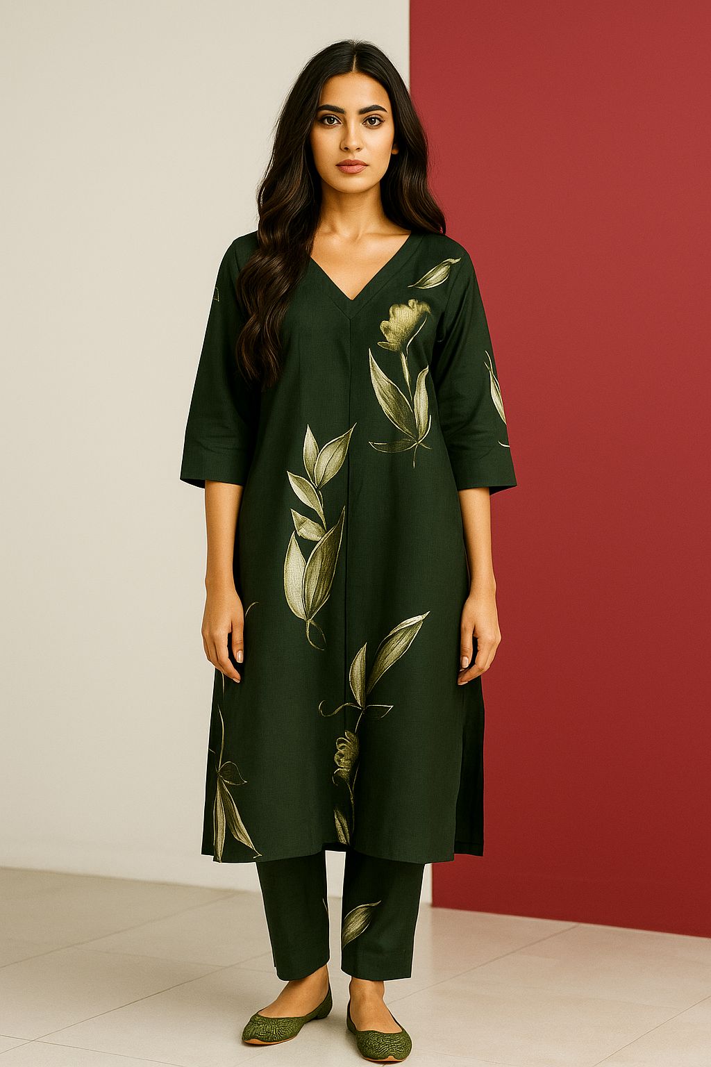 Dark Green Hand-Painted Floral Cotton Kurti and Trouser Set