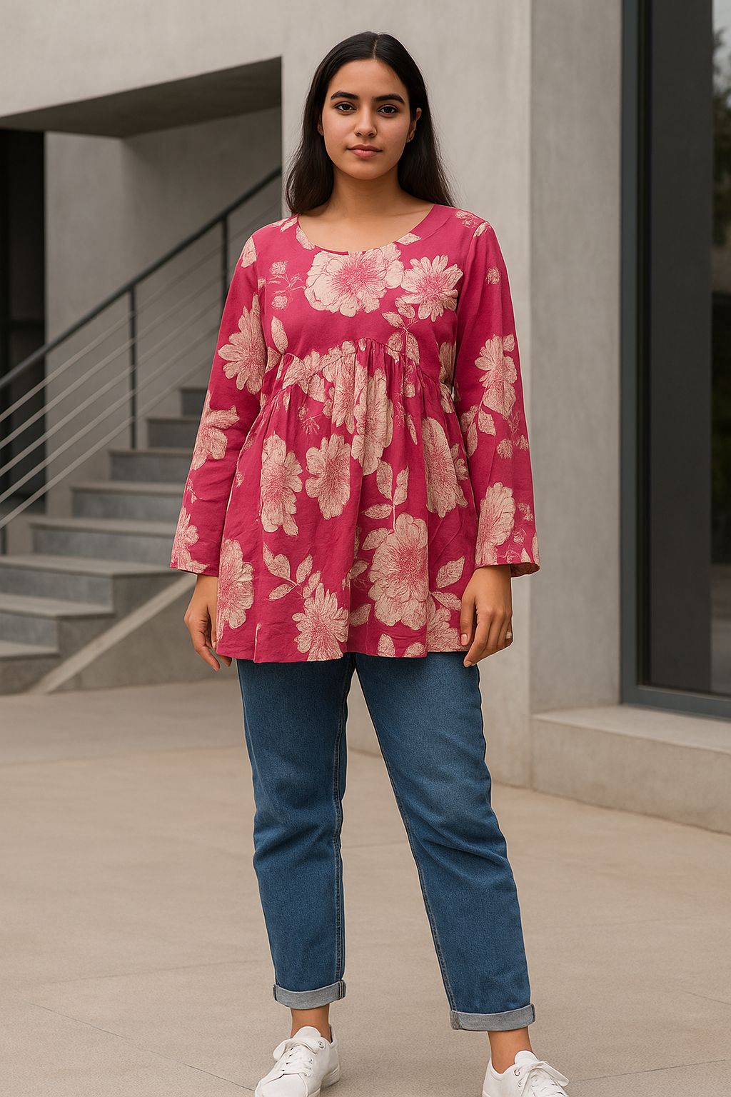 Pink Peplum Cotton Top with Botanical Floral Print
