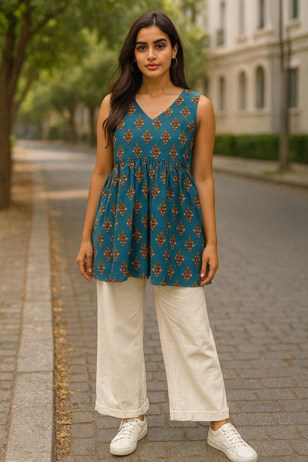 Teal Blue Peplum Sleeveless Top with Jaipuri Floral Buti Block Print