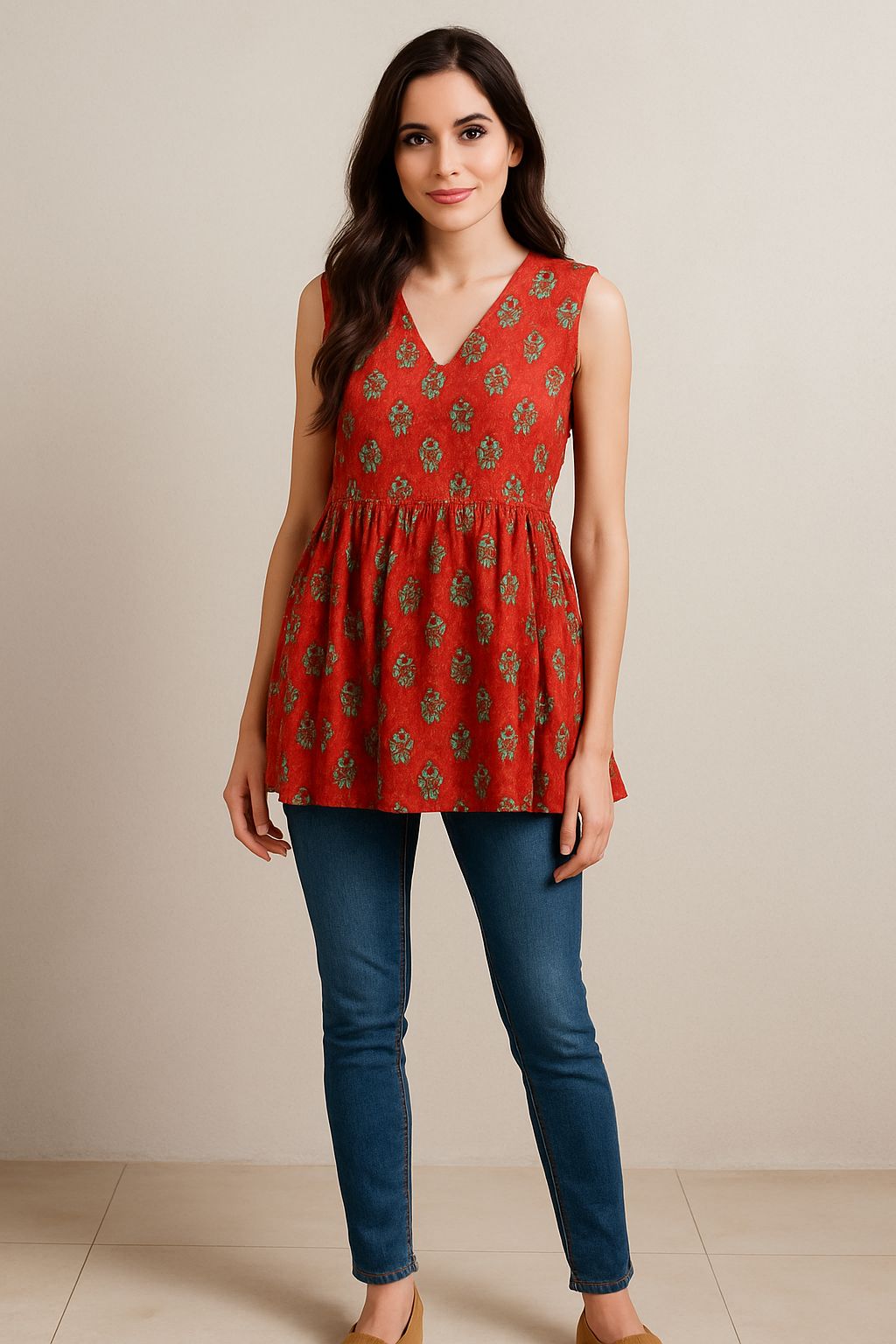 Rust Orange Peplum Cotton Top with Floral Buta Print