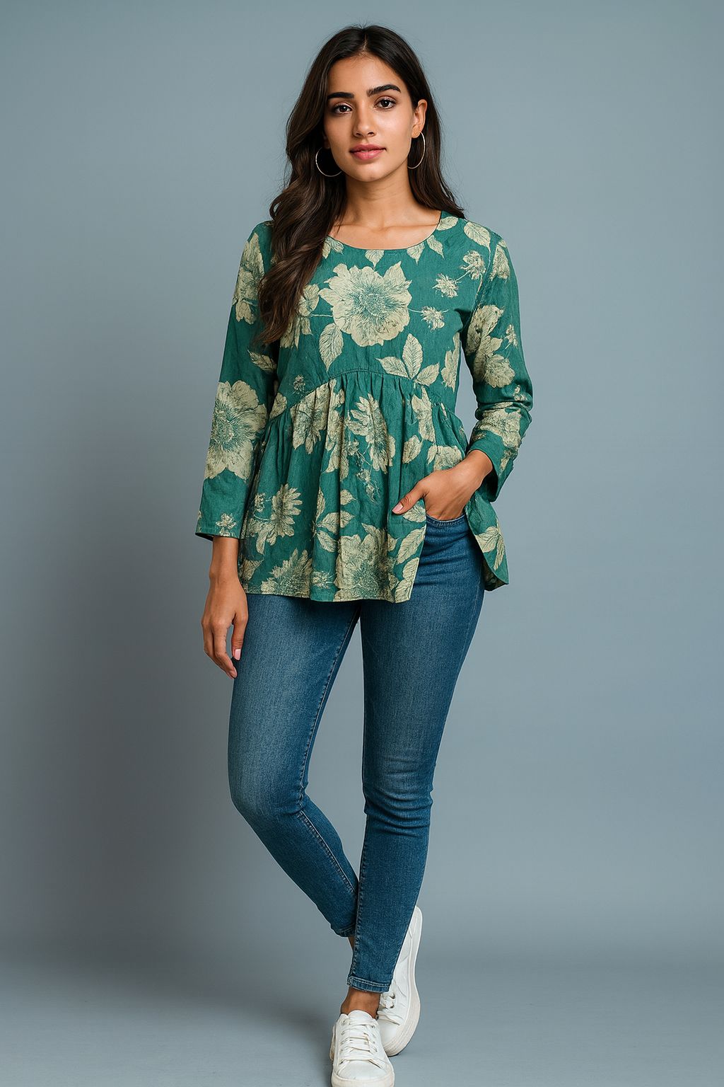 Deep Teal Green Peplum Cotton Top with Botanical Floral Print