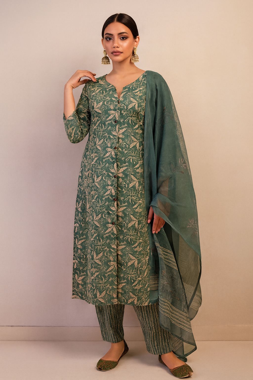 Dusty Sage/Moss Green Printed Cotton Suit Set with V-Neck and Striped Bottom