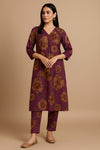 Plum Floral Printed Suit Set with V-Neckline and Matching Pants