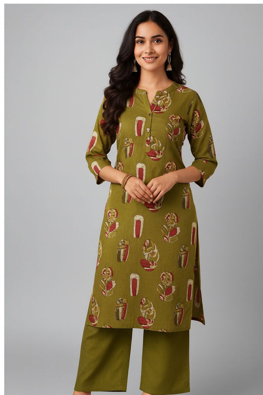 Olive Green Floral Textured Cotton Co-ord Set – Semi Collar Comfort Wear