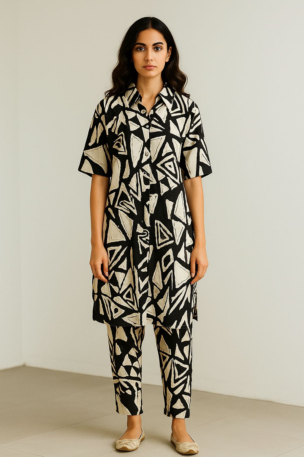 Black & Beige Abstract Print Rayon Co-ord Set with Collar Neckline