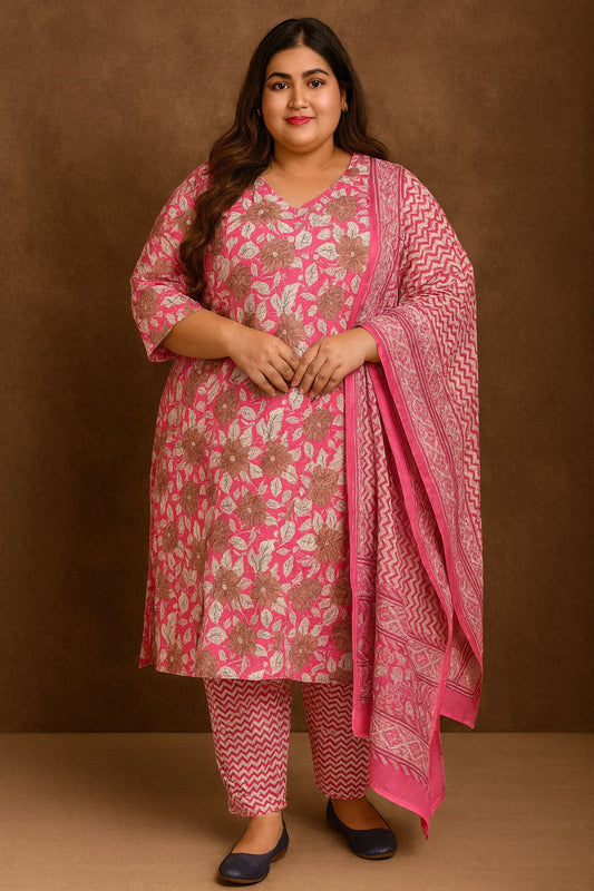 Floral Print Cotton Three-Piece Salwar Suit with Chevron Pants and Patterned Dupatta