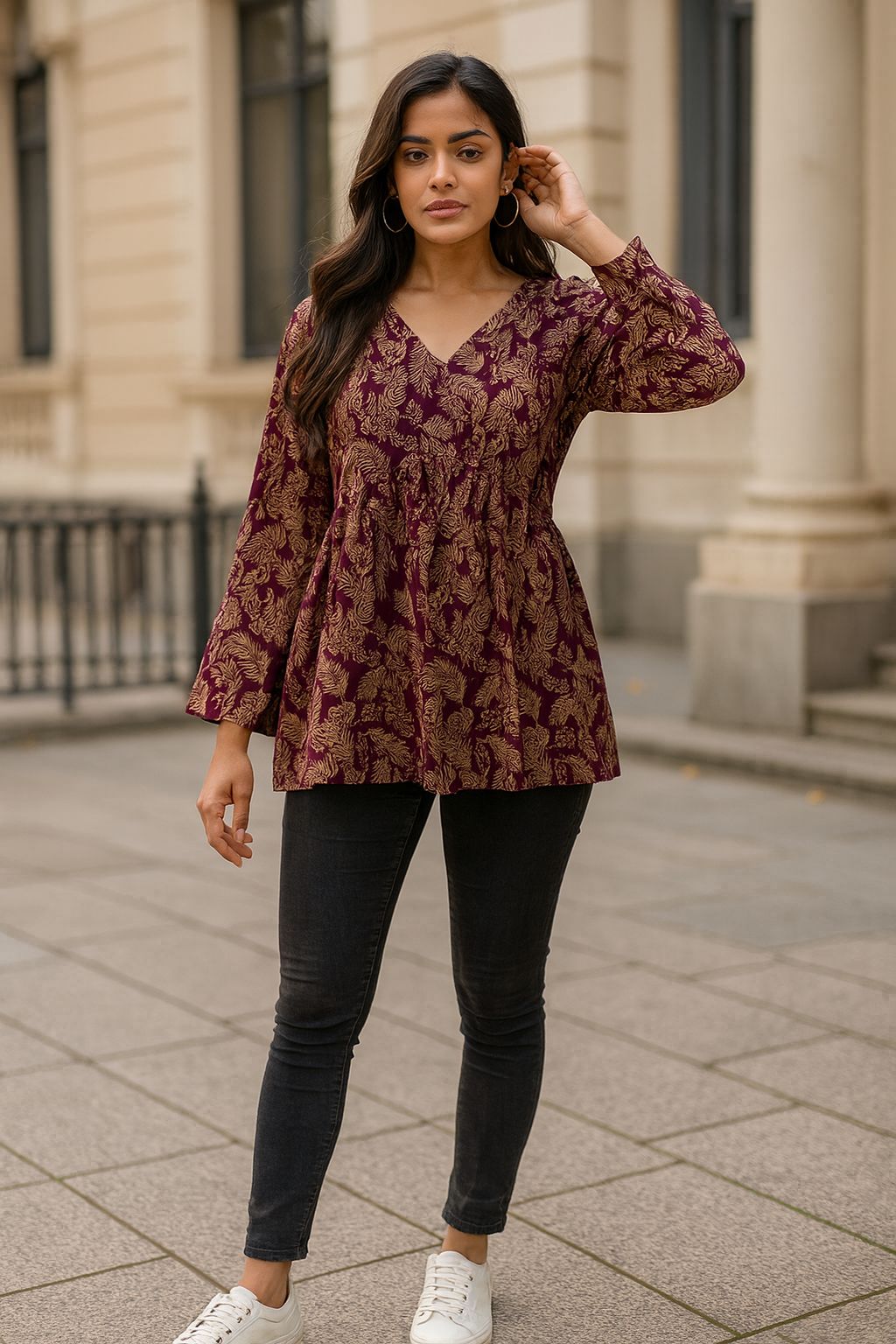 Purple Peplum Cotton Top with Leafy Block Print