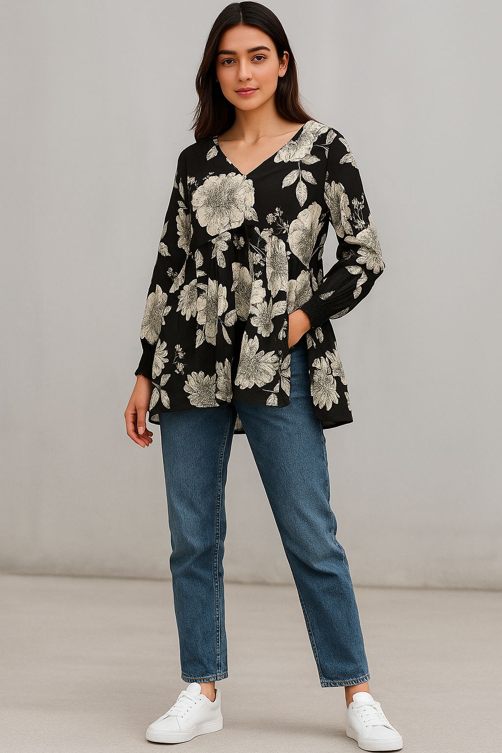 Black Peplum Cotton Top with Botanical Floral Print