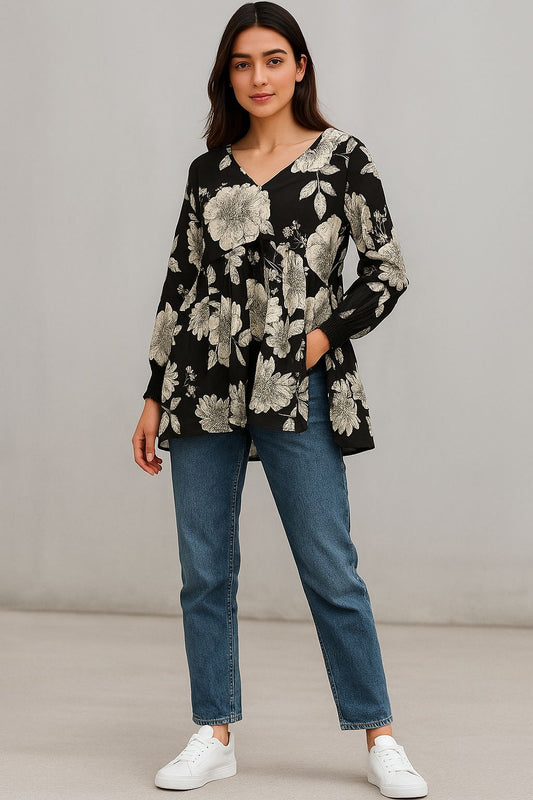 Black Peplum Cotton Top with Botanical Floral Print