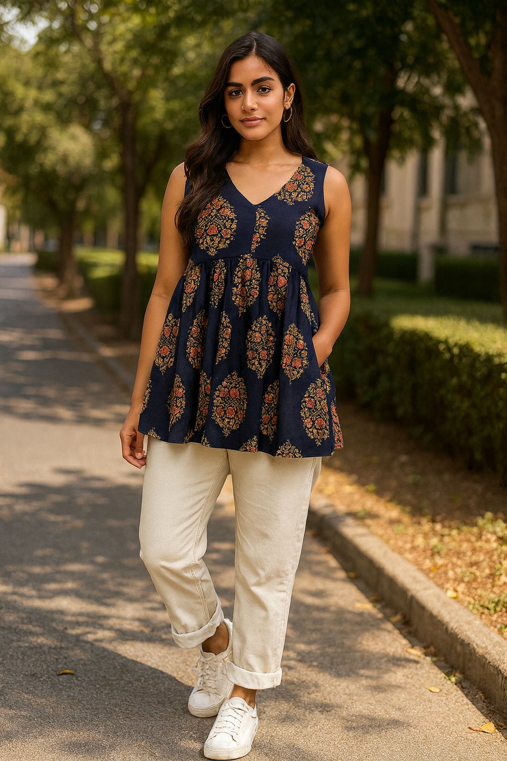 Deep Navy Blue Peplum Cotton Top with Mughal Buta Print