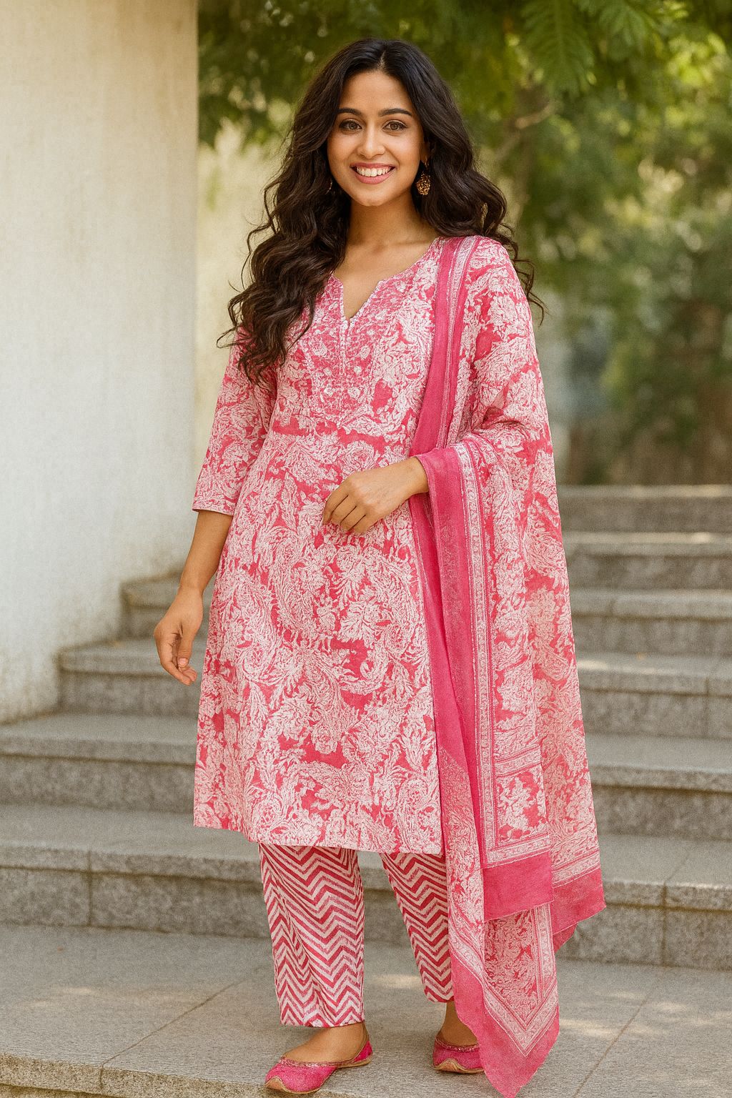 Pink Floral Jaal Printed Cotton Suit Set with Chevron Bottom and Dupatta