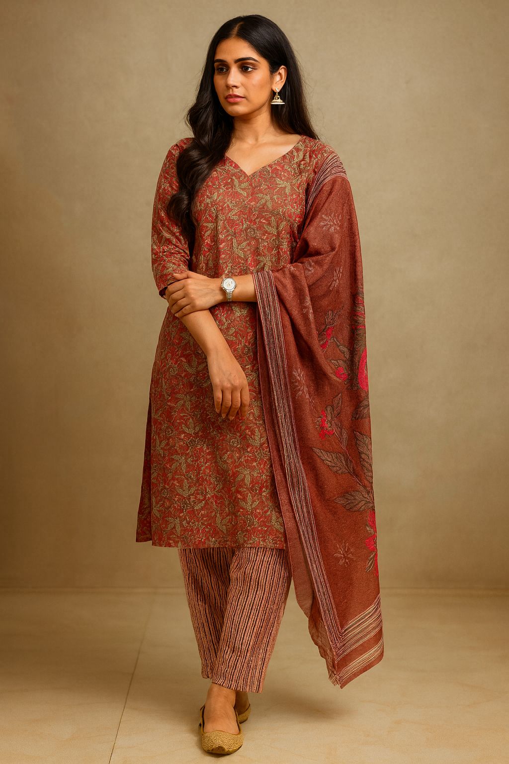 Earthy Rust Brown Printed Cotton Suit Set with Floral Vine Top and Striped Bottom