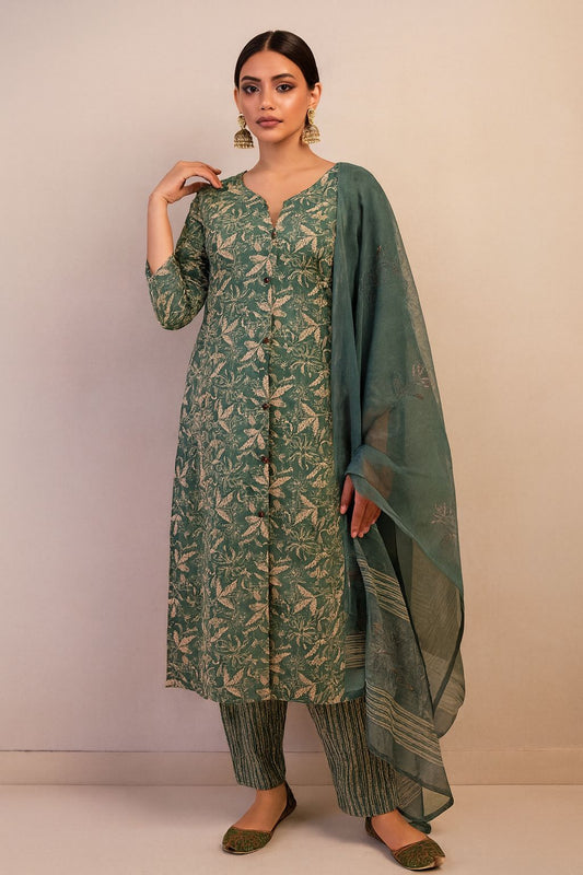 Dusty Sage/Moss Green Printed Cotton Suit Set with V-Neck and Striped Bottom