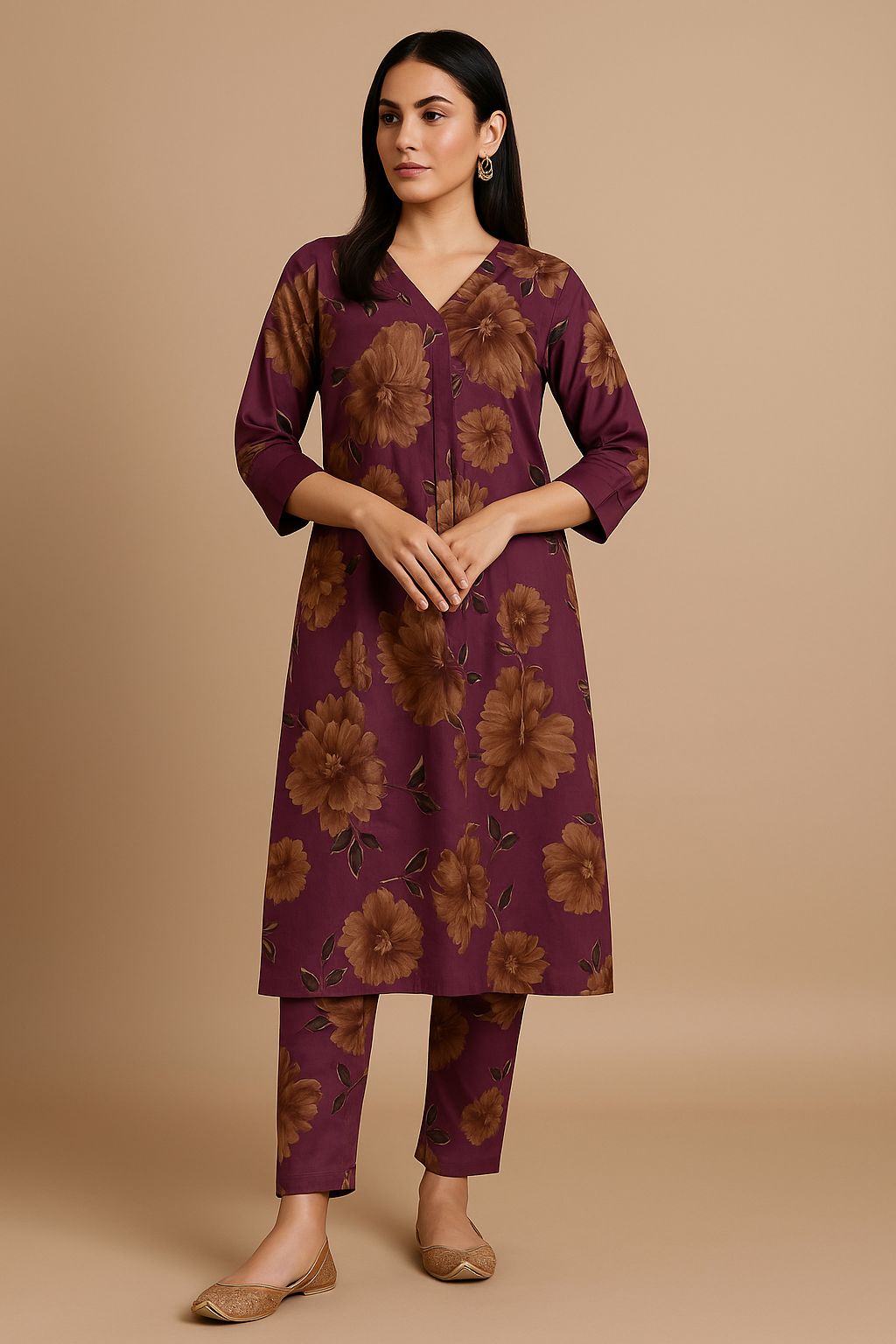 Plum Floral Printed Suit Set with V-Neckline and Matching Pants
