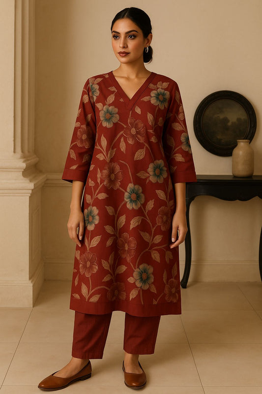 Rust Brown Floral Printed Suit Set with V-Neckline and Three-Quarter Sleeves