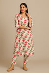 Off-White Floral Printed Cotton Suit Set with Hand-Painted Motifs