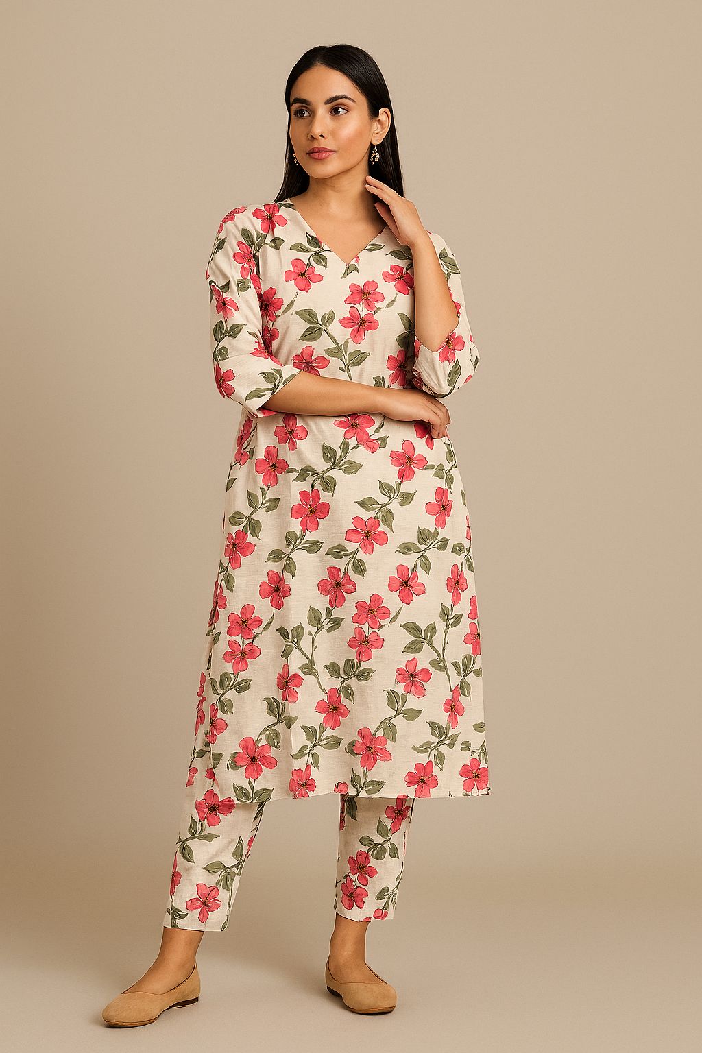 Off-White Floral Printed Cotton Suit Set with Hand-Painted Motifs