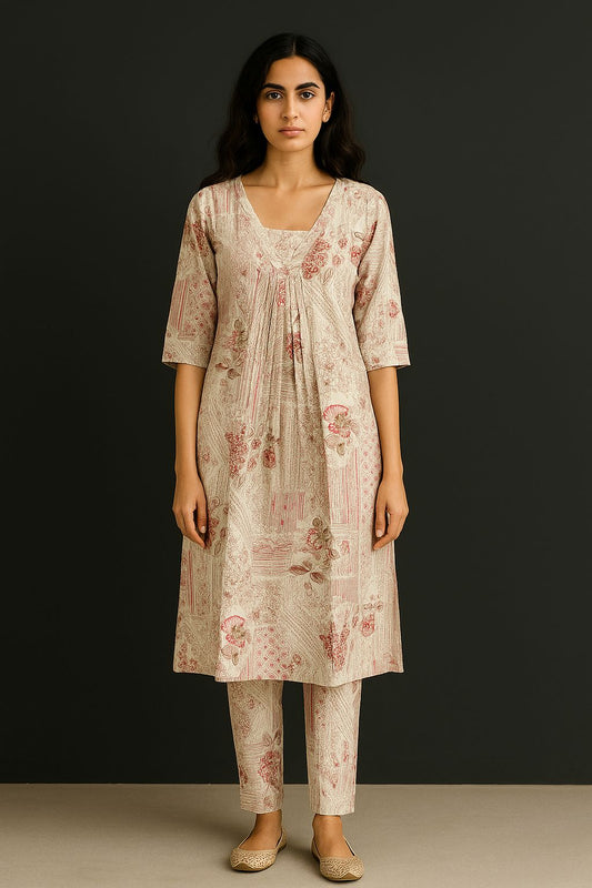 Beige and Blush Pink Two-Piece Set with Floral and Abstract Motifs