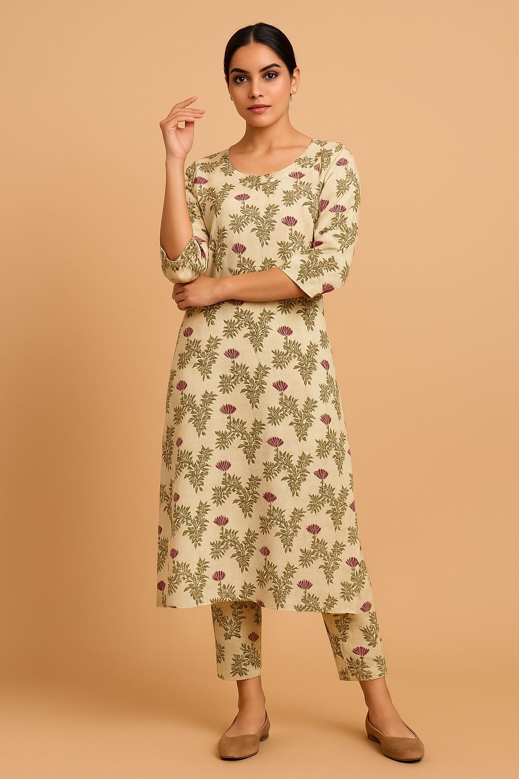 Beige Floral Block Printed Cotton Suit Set with Three-Quarter Sleeves
