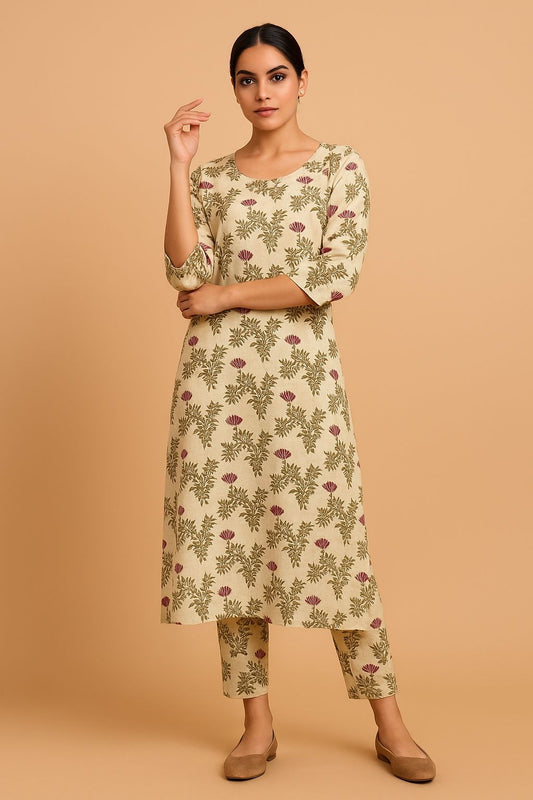 Beige Floral Block Printed Cotton Suit Set with Three-Quarter Sleeves