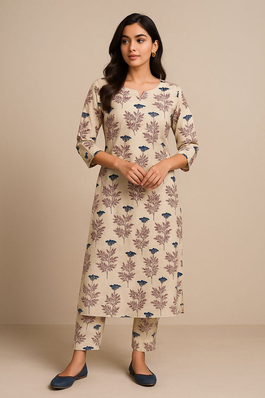 Beige Floral Block Printed Cotton Suit Set with Three-Quarter Sleeves