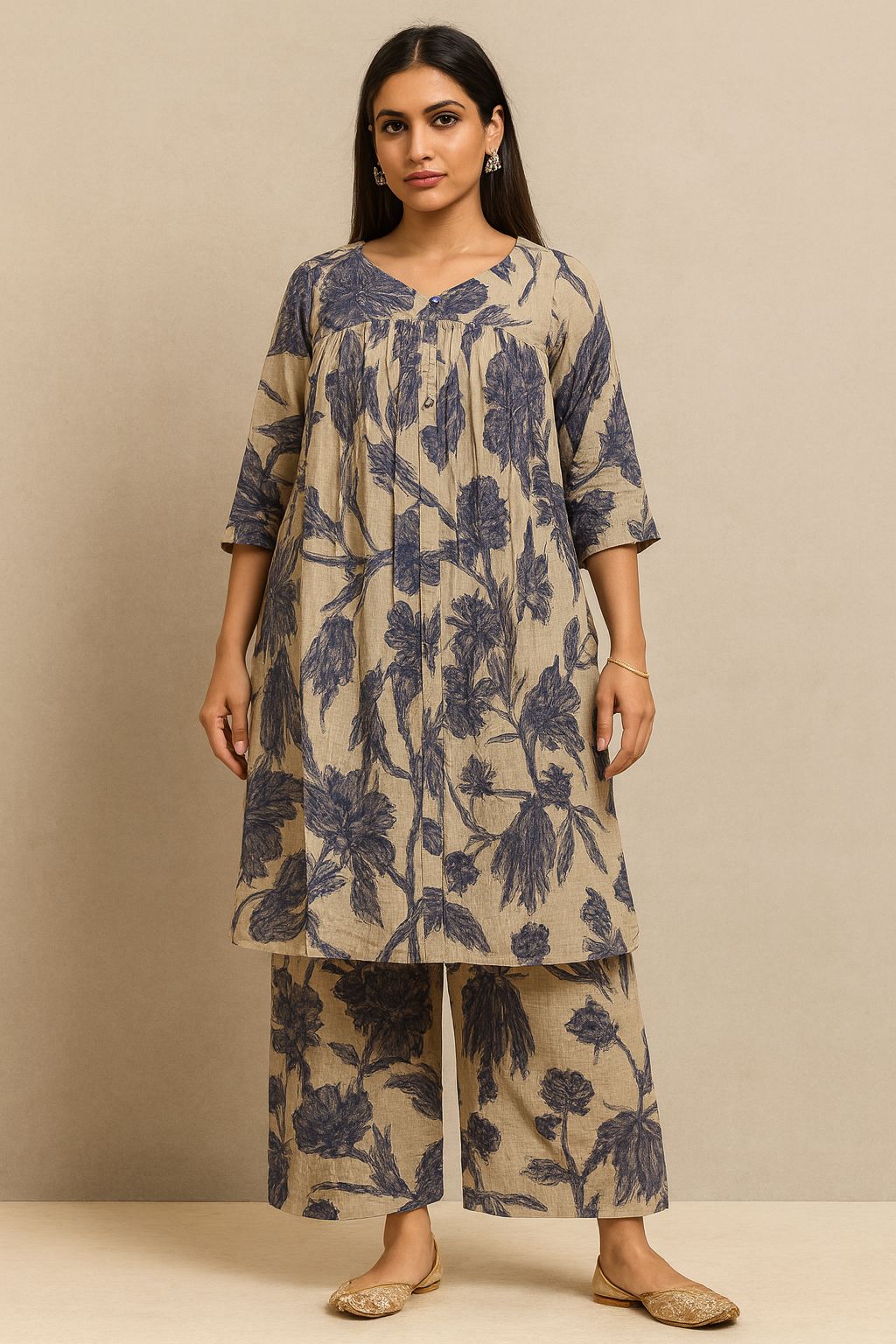 Beige Blue Floral Printed Suit with Gathered Yolk Design and Three-Quarter Sleeves