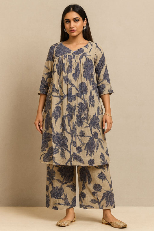Beige Blue Floral Printed Suit with Gathered Yolk Design and Three-Quarter Sleeves