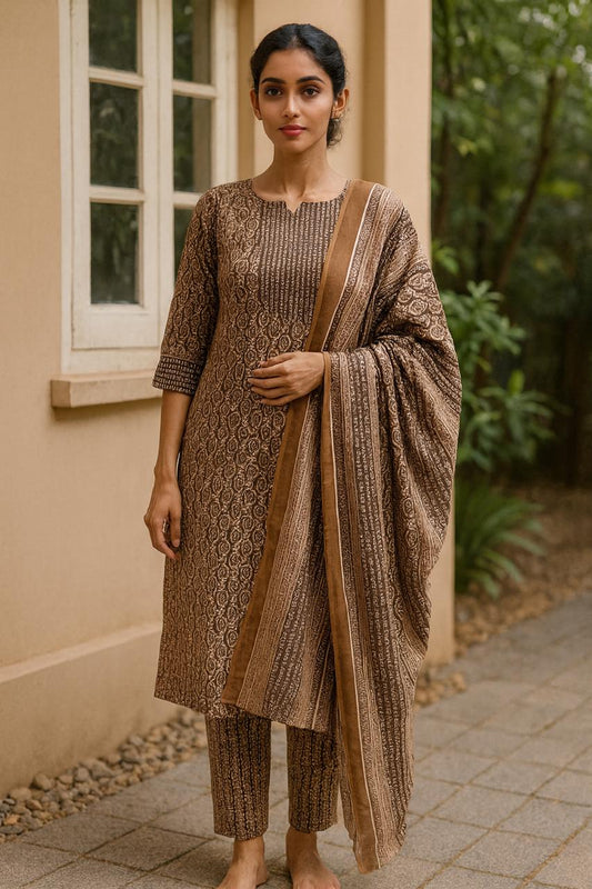 Brown Printed Cotton Suit Set with Striped Dupatta